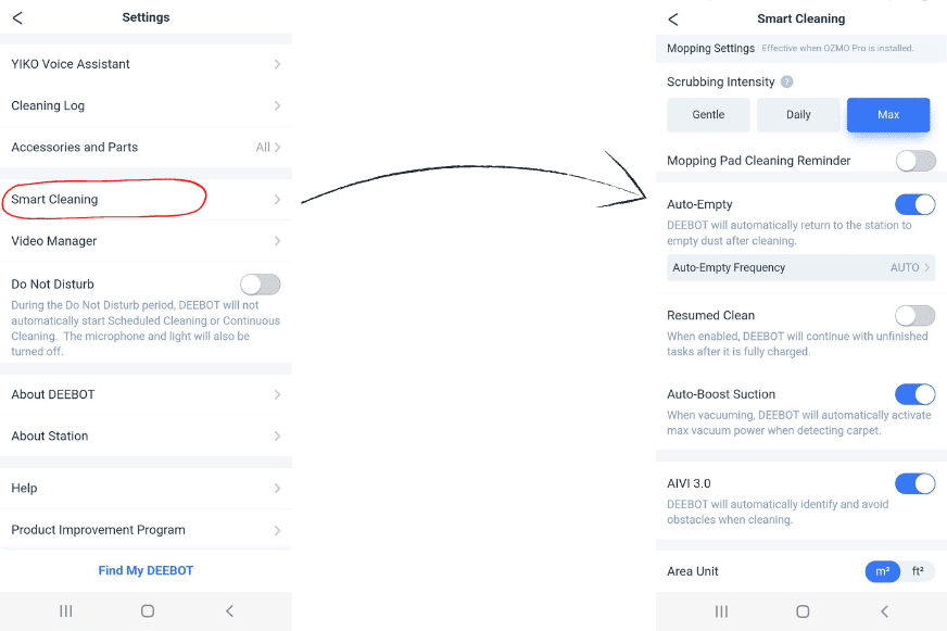 Die Smart Cleaning Einstellungen sind in der ECOVACS HOME App zu sehen